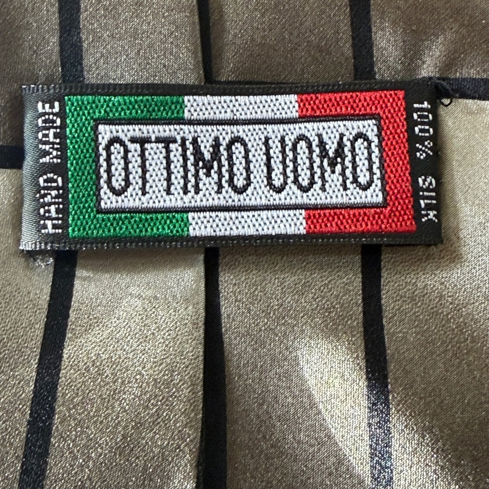 Ottimo Uomo Mens Silk Tie Green Taupe Black Geometric Grid Handmade Necktie